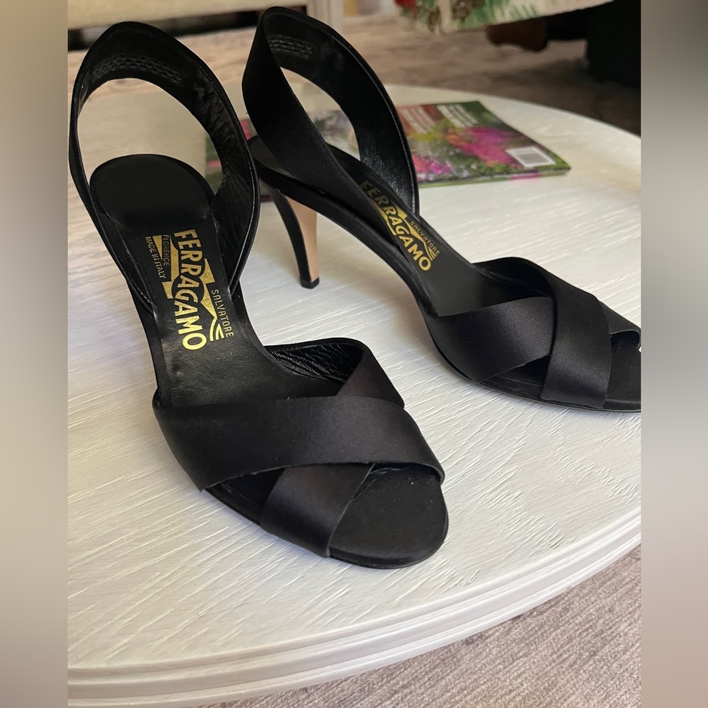 Salvatore Ferragamo black satin slingback heels 5.5 as new FIRM